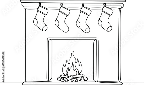Cozy christmas fireplace with stockings and burning fire