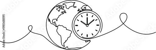 Continuous line art of earth and clock symbolizing global time management