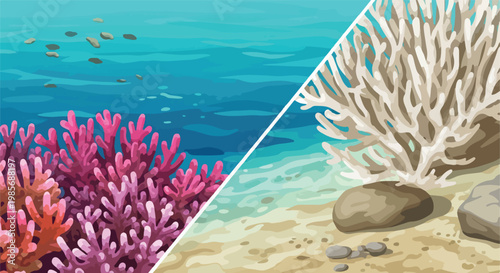 Split view comparing healthy vibrant pink coral with dead bleached white coral