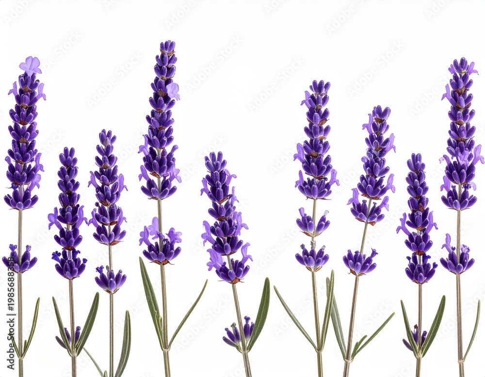Obraz premium Purple Lavender Flowers Stems with Green Leaves Against White Background Studio Shot