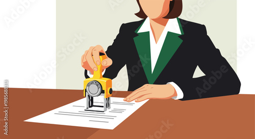 A woman in a professional suit uses a notary stamp on a document at a desk