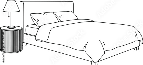 Simple line drawing of a bed with nightstand and lamp
