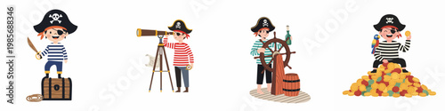 Adorable cartoon pirate boy character set in various poses including standing on a treasure chest, looking through a telescope, steering a ship, and holding gold.