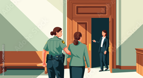 A uniformed officer escorts a woman into a room as another person points inside