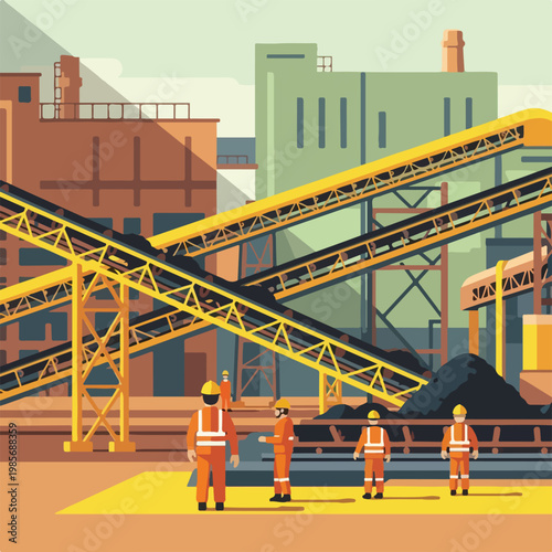 Workers in orange safety gear observe industrial conveyor belts at a mine site