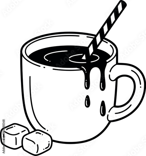 Hand drawn sketch of hot chocolate with marshmallows and straw