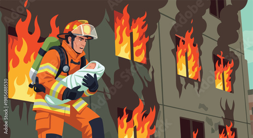 A firefighter in protective gear rescues a baby from a burning building inferno