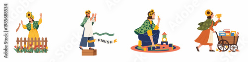 A set of illustrations showing a woman with a sunflower headband gardening, taking photos, playing with blocks, and celebrating success with a trophy.