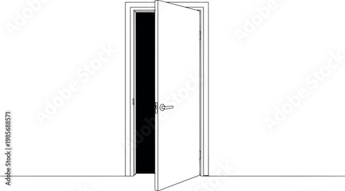 Open door revealing dark unknown space minimalist illustration