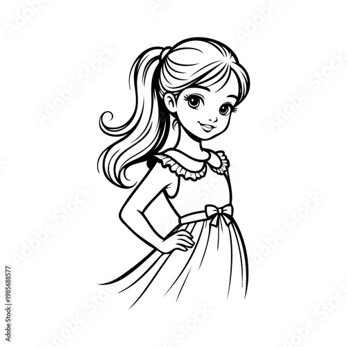 Logotipo de boutique de moda infantil. Dibujo minimalista con líneas de una chica con un vestido adornado con un nudo de lazo, con la mano en la cadera 