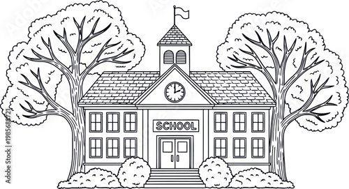 Classic school building illustration with trees and clock tower
