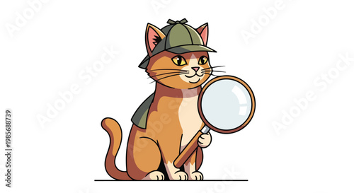 A cartoon orange cat wearing a detective hat and holding a magnifying glass