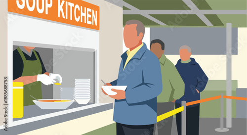 People waiting in line at a community soup kitchen to receive a warm meal served