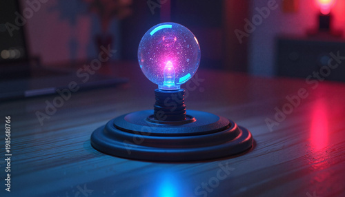Futuristic glowing orb on wooden table background
