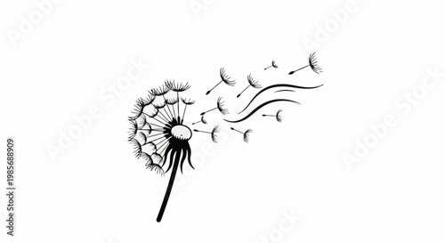 Stylized dandelion dispersing seeds on a white background