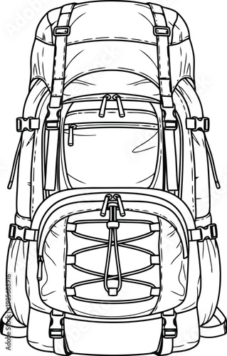 Detailed sketch of a large hiking backpack with multiple compartments
