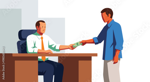 A man in a blue shirt hands cash to a seated businessman in an office setting