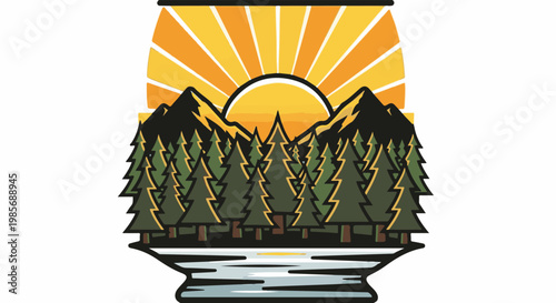 Stylized mountain range with sunrise over forest and lake