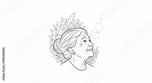 Stylized portrait of an older woman's profile surrounded by leafy branches
