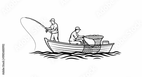Two fishermen in a boat with nets and fishing rods on water