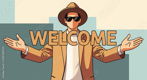 A stylized illustration of a man in a hat and sunglasses gesturing a welcome