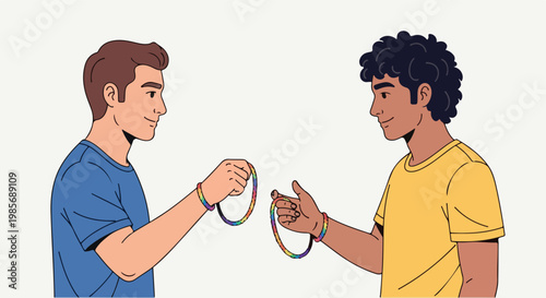 Two young men exchanging matching rainbow colored bracelets against a light background