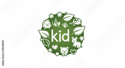 Whimsical green circle with white outline drawings of animals and plants