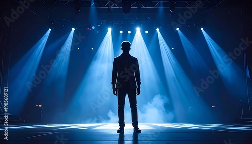 A lone figure stands on a dimly lit stage with bright spotlights