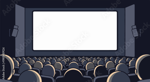 A dark movie theater filled with people watching a bright, blank screen