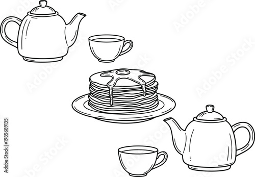 Hand drawn sketch of teapots cups and stacked pancakes