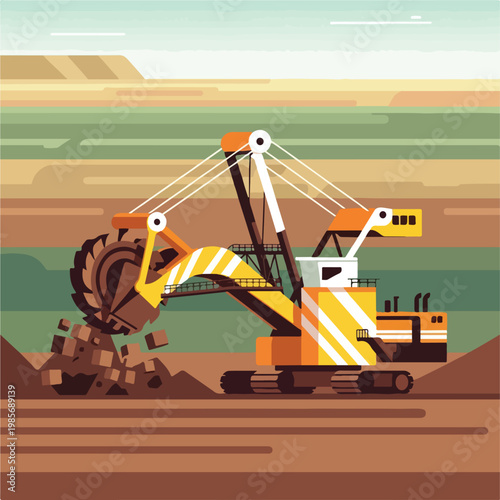 A large yellow bucket-wheel excavator digging into earth at an open-pit mine