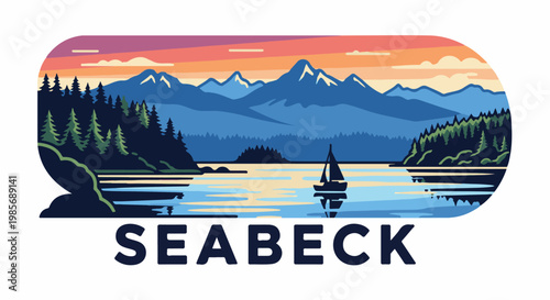 Stylized lake and mountain scene at sunset with a sailboat