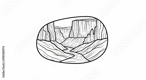 Stylized black and white line art illustration of a winding river flowing through a deep, rugged canyon with sheer cliffs