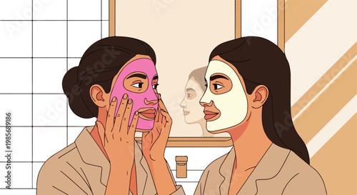 Two women applying colorful facial masks in front of a mirror in the bathroom