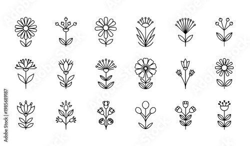 Modern Thin Line Wildflower Set of 12 Elegant Botanical Icons Minimal Floral Vector Collection on White Background