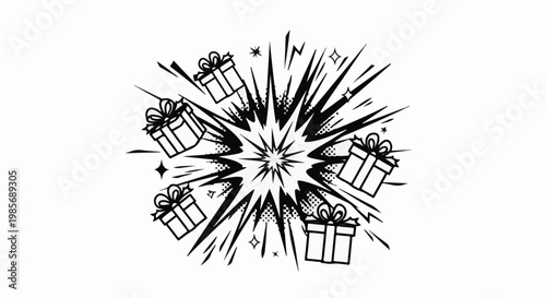 Black and white pop art explosion with gift boxes and stars