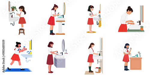 A collection of illustrations showing schoolgirls in red and white uniforms washing their hands at various bathroom sinks for hygiene.
