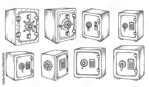 Minimal Hand Drawn Bank Vault and Safe Box Collection Secure Storage Line Art Vector Set Isolated on White Background
