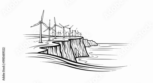 Coastal wind turbines capture energy above ocean cliffs with stylized waves