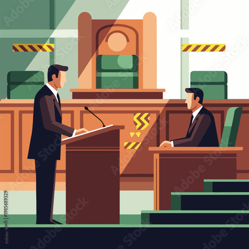 A lawyer stands at a podium in a courtroom while a judge sits behind the bench