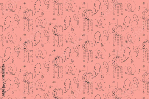 Dreamcacher seamless pattern with feathers on pink background in line style for wrapping, packaging, wallpaper
