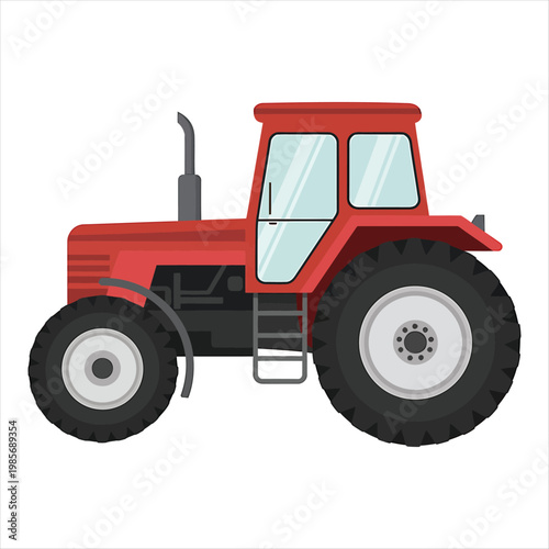 Professional red farm tractor vehicle for modern agricultural work and land cultivation
