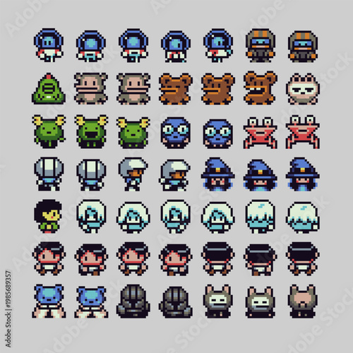 Cute pixel art character sprite set in retro 8-bit style, fantasy creatures, heroes and NPC, RPG system game assets.