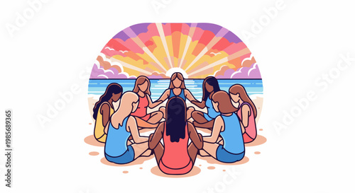 Diverse group of women meditating on a beach at sunrise