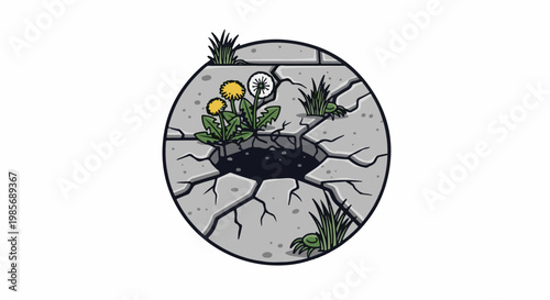Cracked stone reveals life dandelions bloom amid a dark void