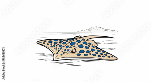 A spotted ray swims in the ocean with a distant island