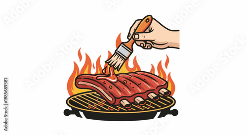 Hand bastes ribs cooking on a grill with flames