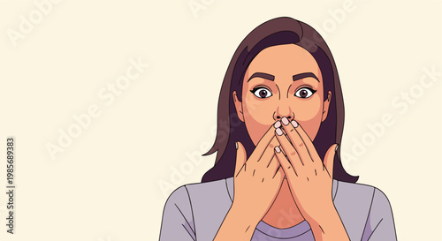 A shocked woman covers her open mouth with her hands in a flat cartoon style