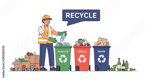 A worker in a reflective vest placing a plastic bottle into a recycling bin