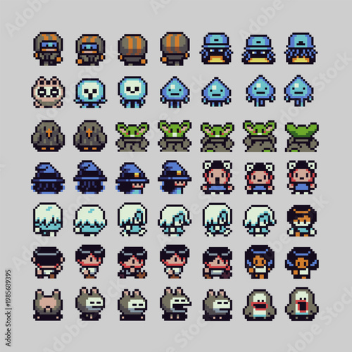 Colorful pixel art character set in retro 8-bit style, fantasy heroes, professions, creatures and NPC avatars for RPG games, UI design, profile icons and game assets.